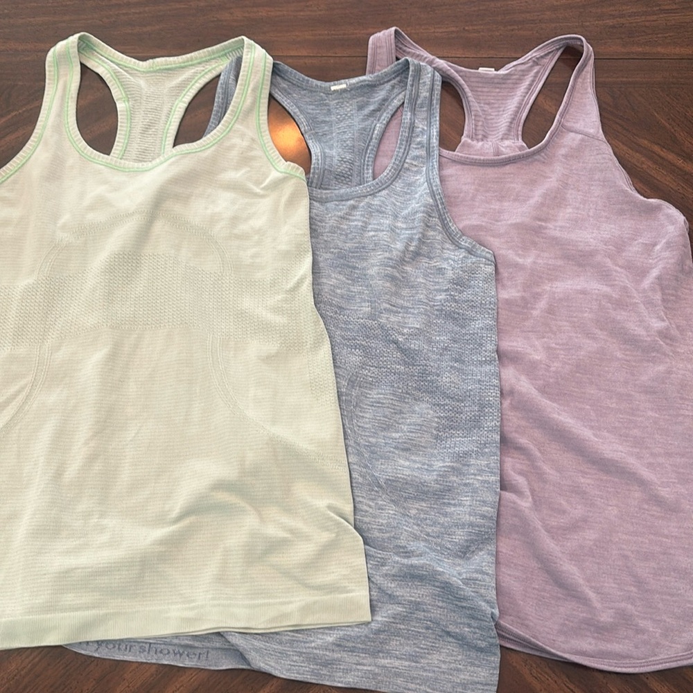 3 Lululemon Tanks: *Blue Swiftly sz6,Mint Swiftly sz8, Purple sz6*
